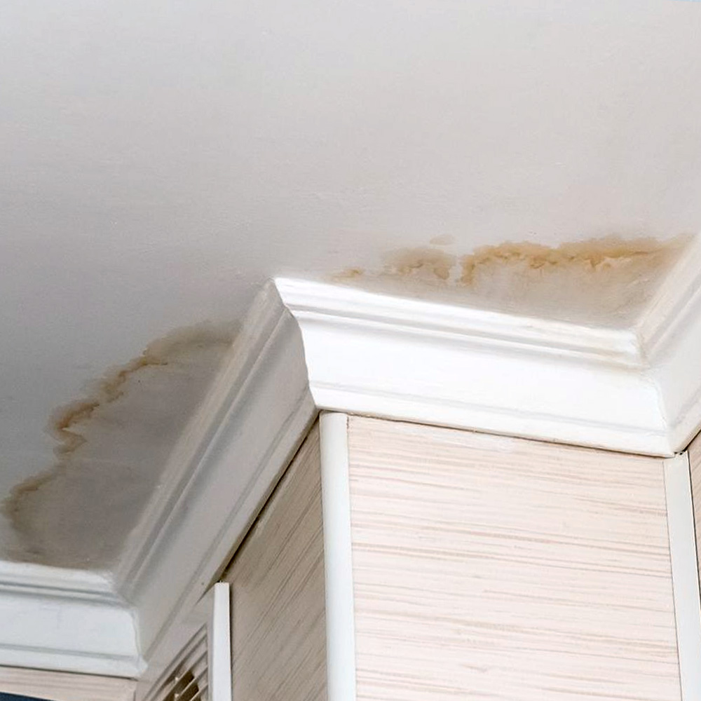 Burst Pipes Visible water stains and discoloration on a ceiling from a leaking roof or burst pipe, indicating water damage and the need for urgent leak detection and repair by AP Plumbing and Electrical Services